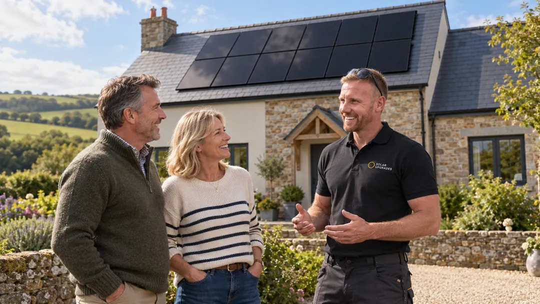 An adviser in a black polo shirt talking with a couple outside a stone cottage with black solar panels on its roof