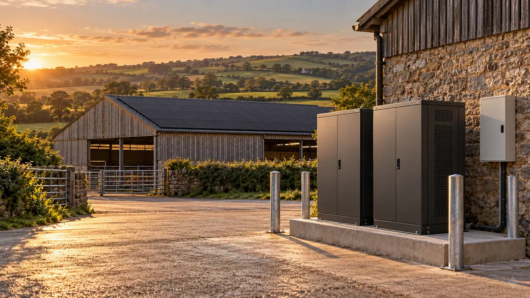 A timber barn with a black solar roof in a farmyard at sunset, with battery storage cabinets beside a stone wall