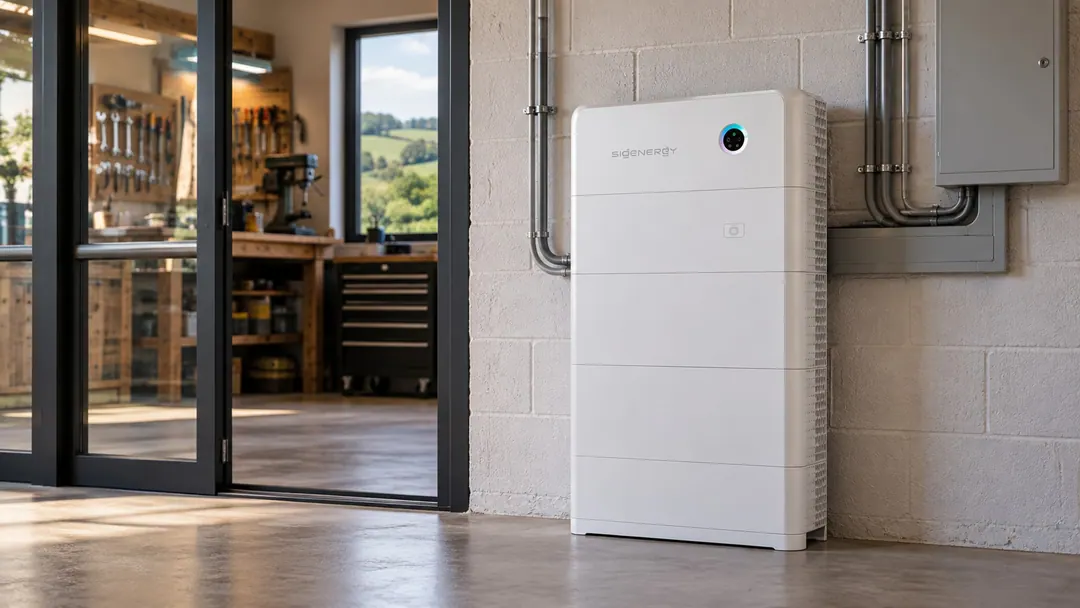 A white stacked home battery, its control unit on top, fixed to a block wall beside a glass door to a workshop