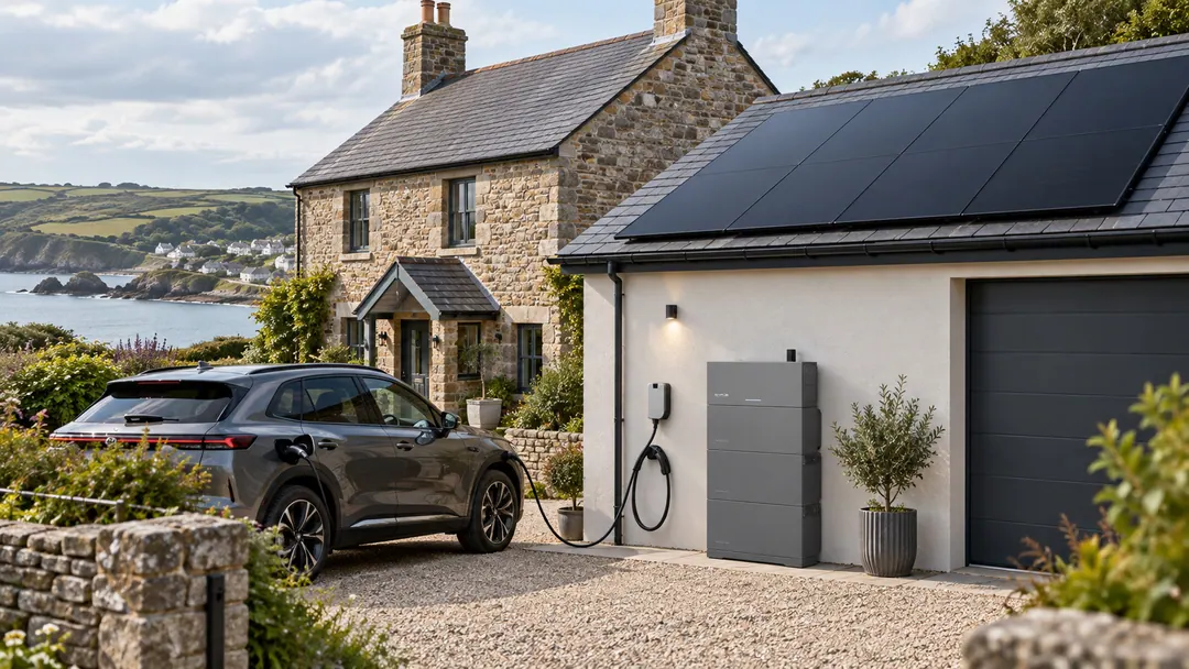 A stone cottage above a coastal village, with black solar panels on the garage roof and a home battery and EV charger on its wall