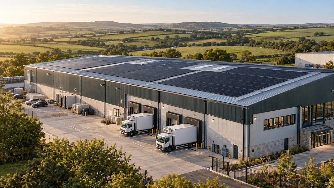 A large warehouse with rows of solar panels across its roof and lorries at the loading bays, set in green countryside